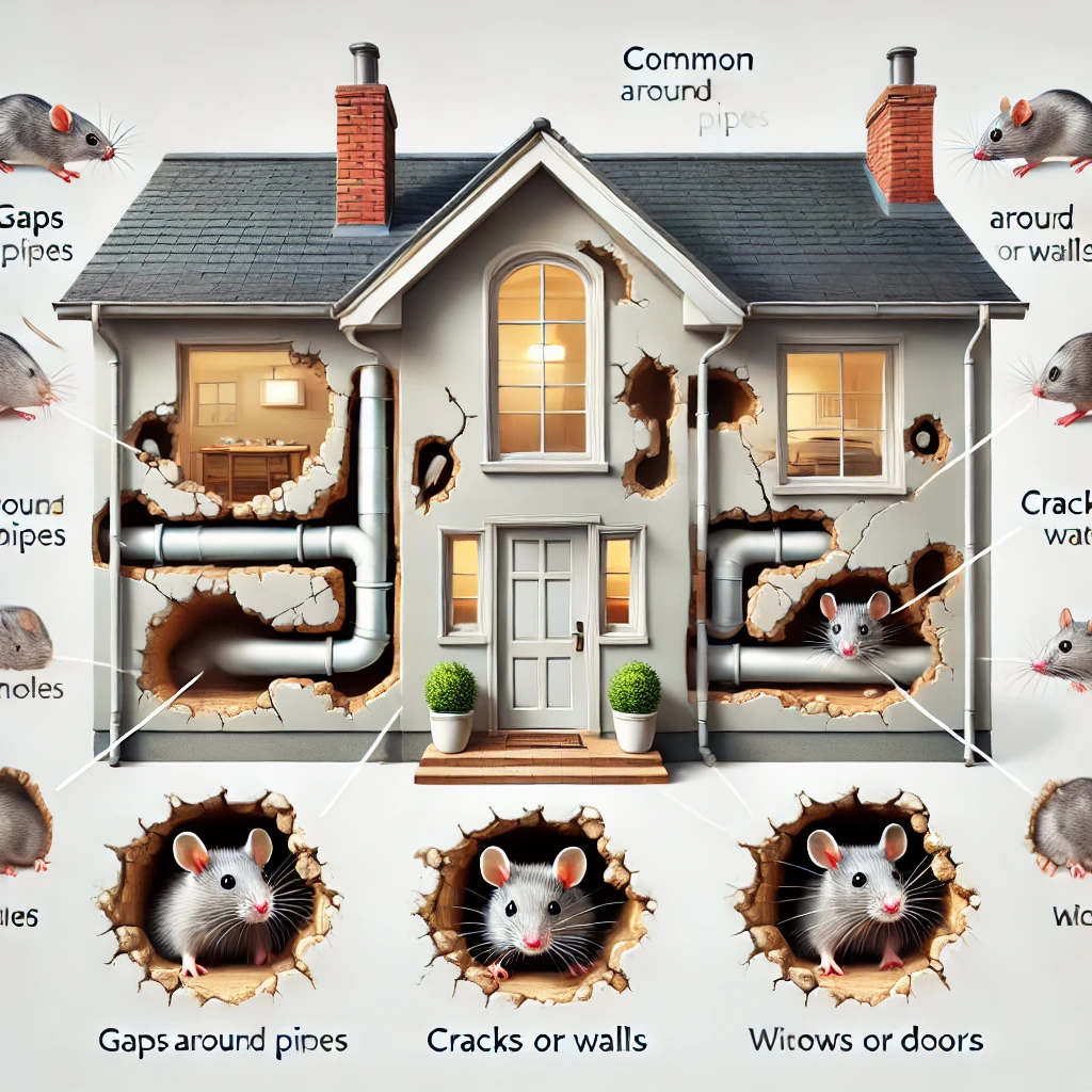 Illustration of common entry points for mice in a home, highlighting cracks, gaps, and openings around pipes and windows."