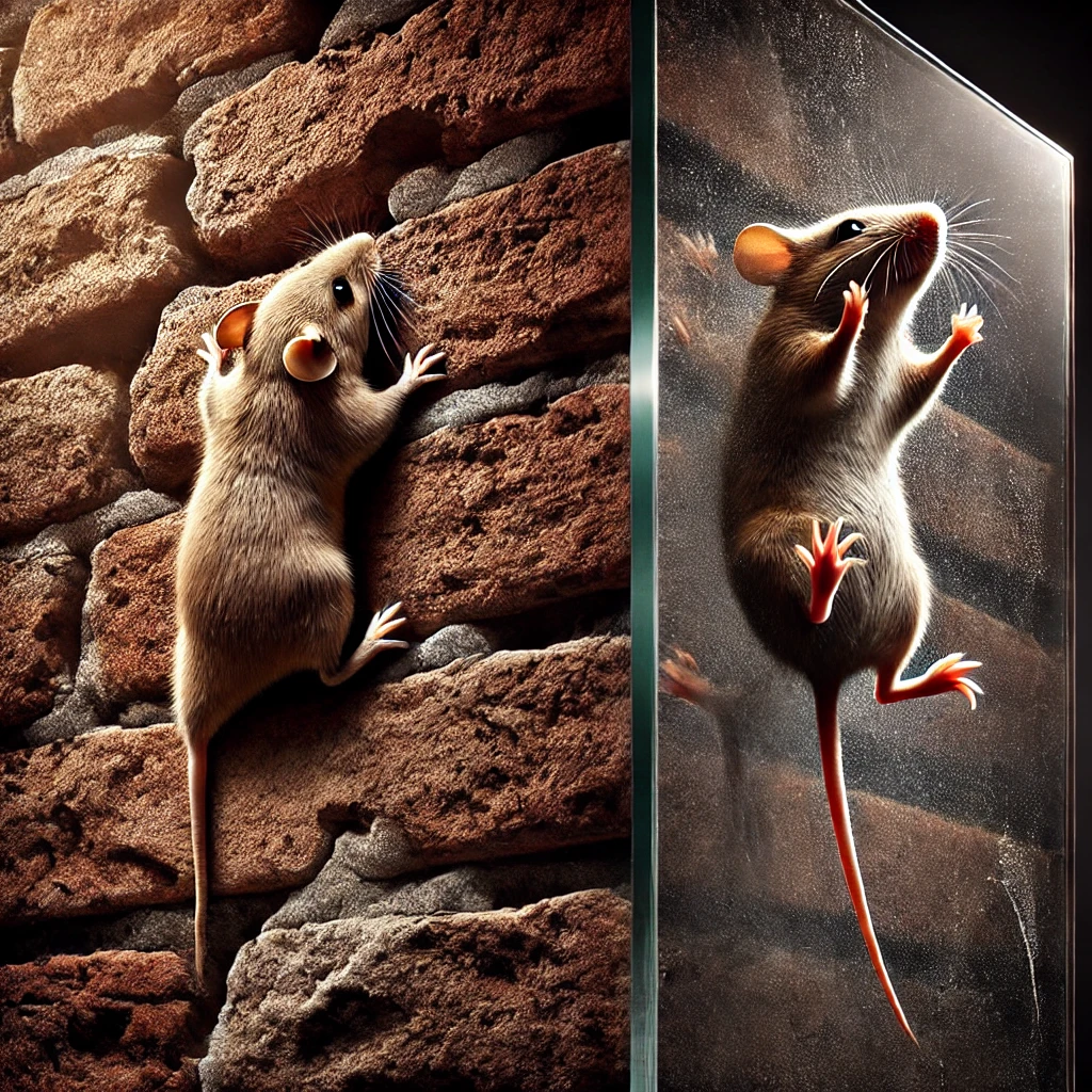 Comparison of a mouse climbing a textured brick wall and struggling to climb a smooth glass surface, showcasing the difference in climbability.
