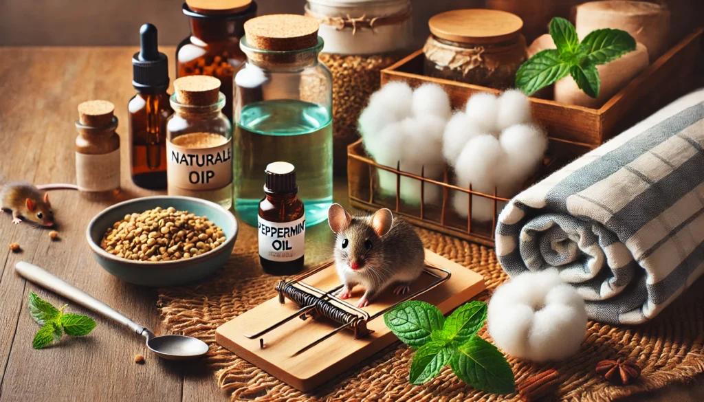Illustration of natural and humane mouse removal methods, including a live trap, peppermint oil, and airtight food storage and Can Mice Climb Walls