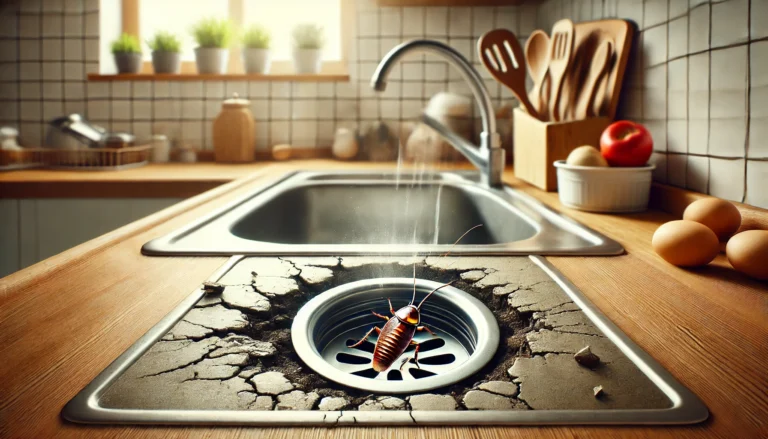 A clean kitchen sink with a visible drain, demonstrating proper maintenance to prevent cockroaches.