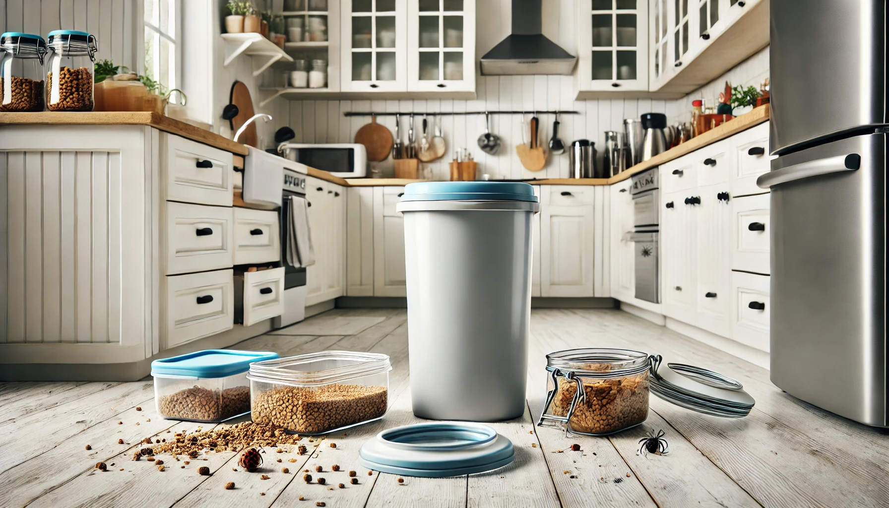 Cockroach prevention: Clean kitchen with airtight food containers, sealed trash can, and pest-free surfaces to prevent infestations.