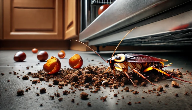 Signs of a cockroach infestation: Droppings, egg casings, and shed skins indicating roach activity in the home