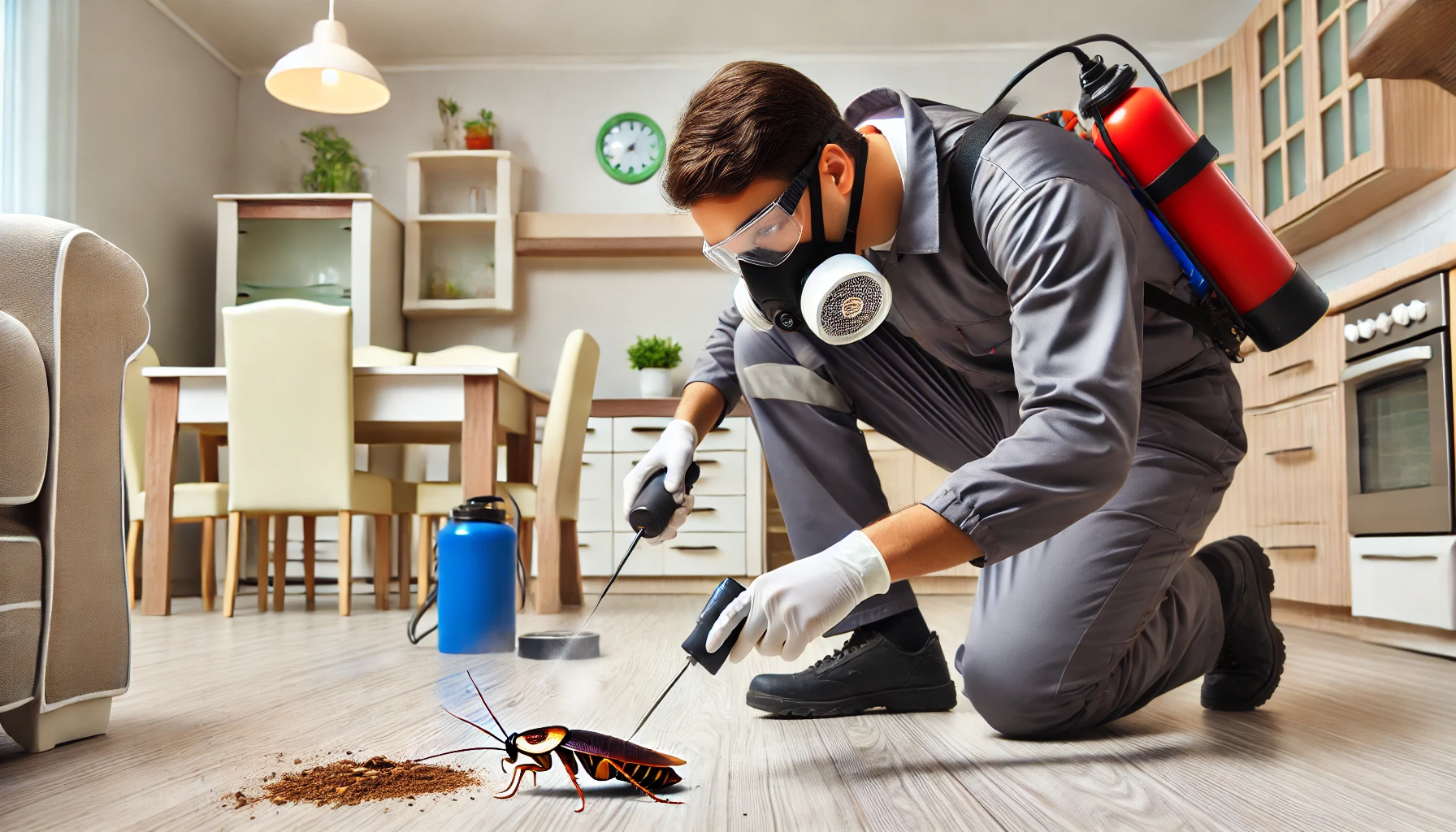 Professional pest control technician applying treatment for cockroach infestation in cracks and crevices to eliminate pests.