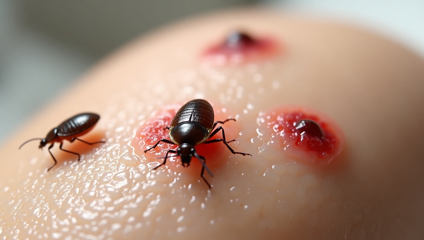 A close-up of bedbug bites on human skin, showing the red welts and irritation. 
