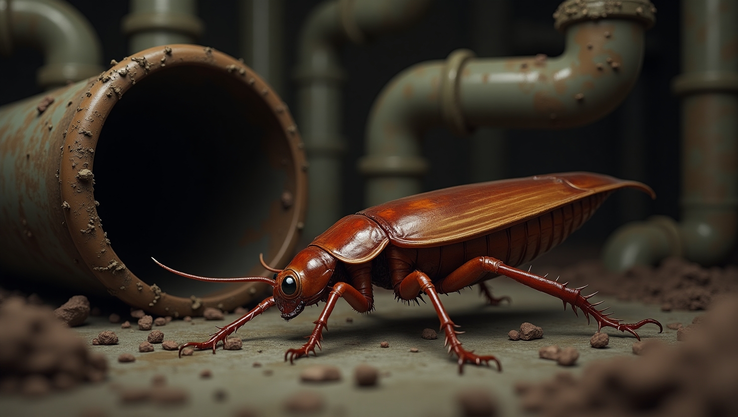 A close-up of a cockroach near a drain or traveling through pipes, illustrating why they are attracted to drains.