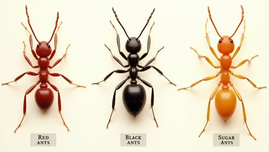 A comparison image showing red ants alongside black ants and sugar ants, labeled for identification.