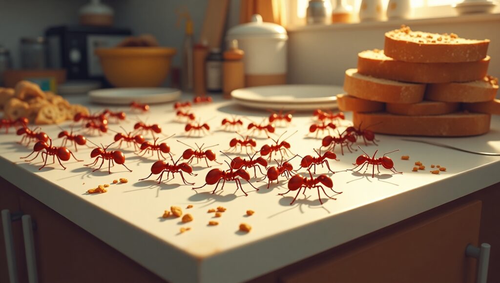 Close-up of red ants on a kitchen counter near food crumbs.