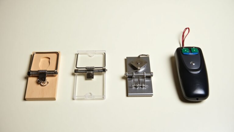 A clear, high-quality image showing various types of mouse traps (snap trap, glue trap, live-catch trap, electronic trap) laid out together.