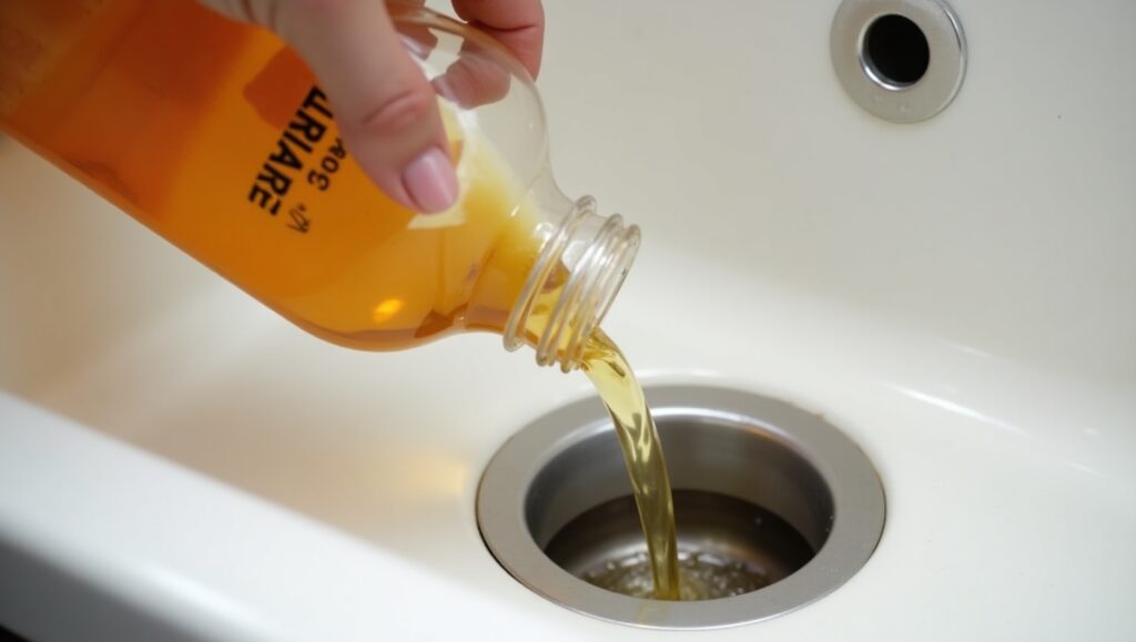  A person pouring a natural roach-killing solution, such as boiling water or a mixture of baking soda and vinegar, into a drain