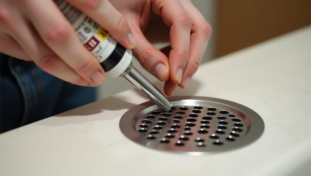 A person sealing a pipe with caulk or placing a drain cover to block cockroaches