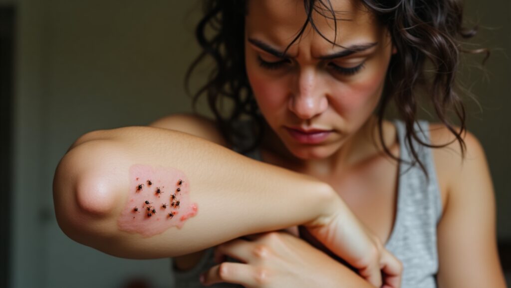 Red ant bites on a person's arm causing skin irritation and welts