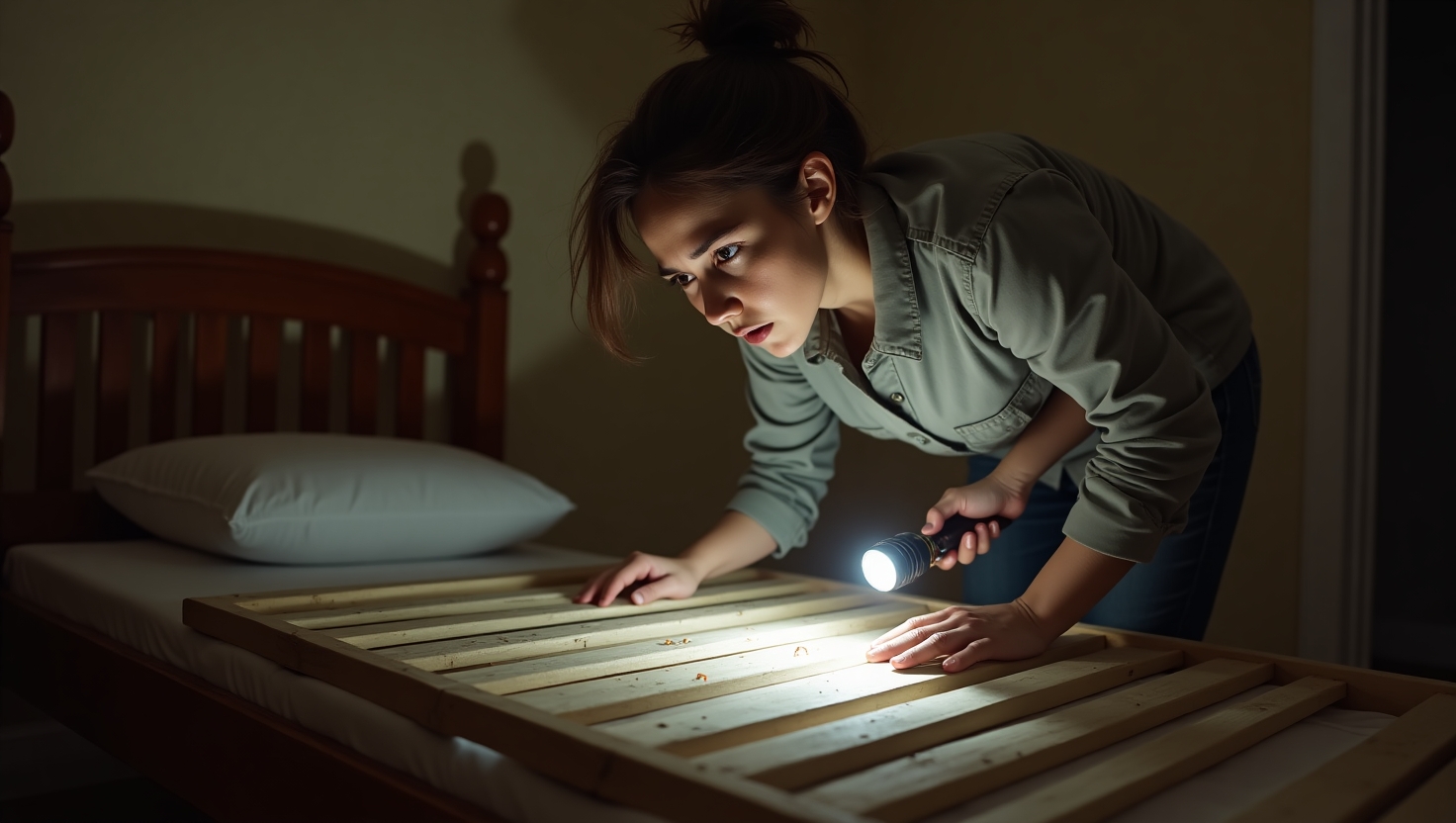 A person inspecting a bed frame with a flashlight, looking for signs of a bedbug infestation