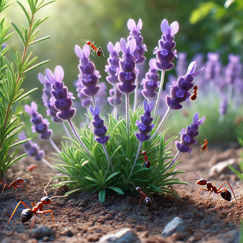 A high-quality image of lavender plants with ants avoiding them (illustration or real image)