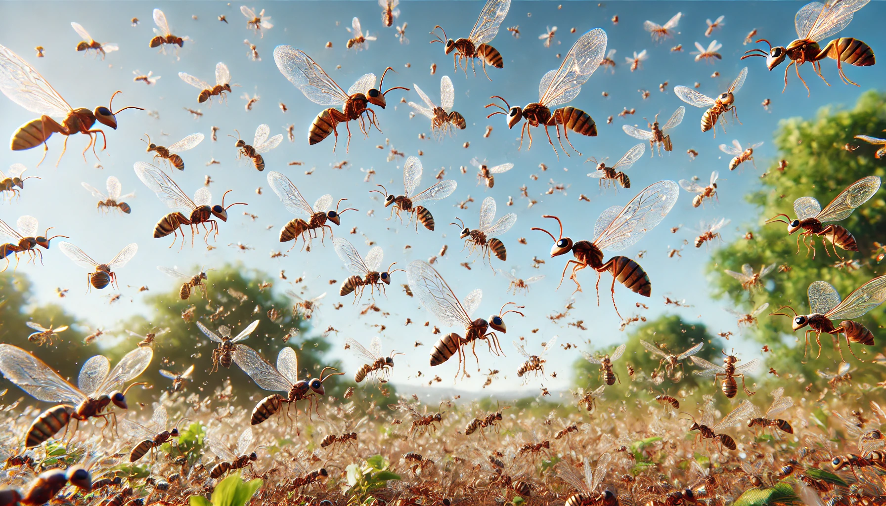 "A swarm of flying ants in the air, highlighting their seasonal emergence during warm weather conditions.