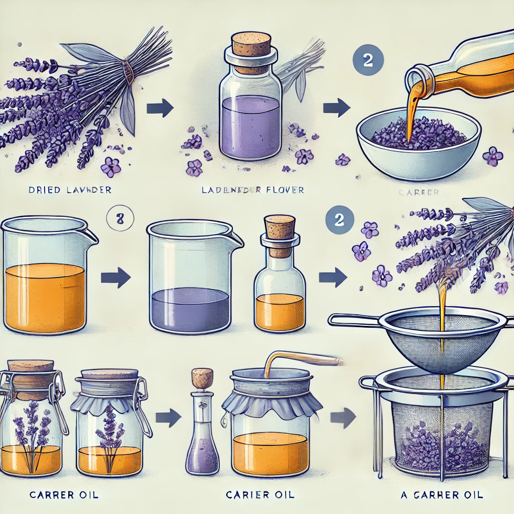 A step-by-step infographic showing lavender oil preparation (dried flowers, carrier oil, glass jar, straining process, etc.).