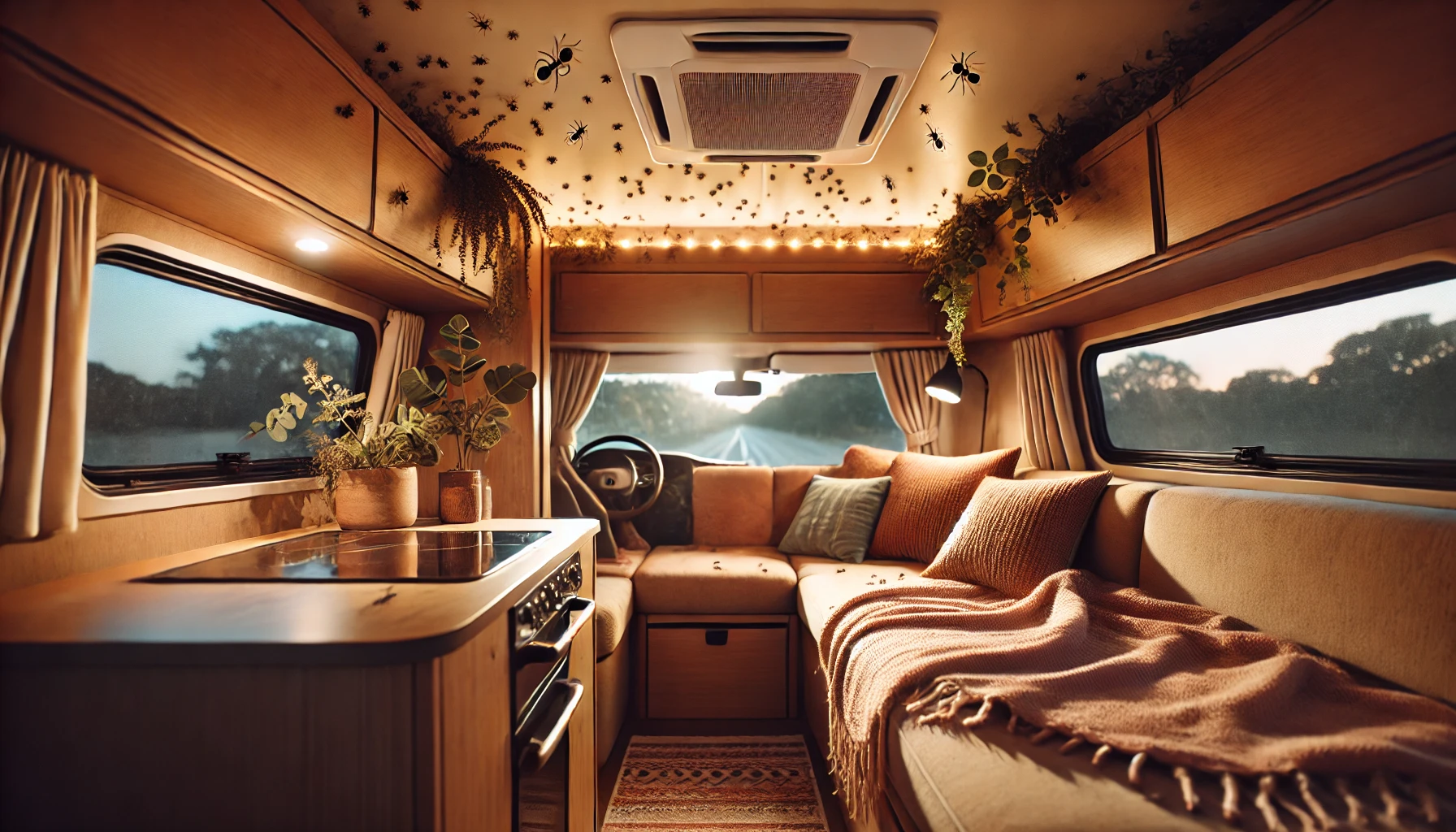 Cozy camper interior with visible ants crawling on the ceiling, disrupting the peaceful atmosphere