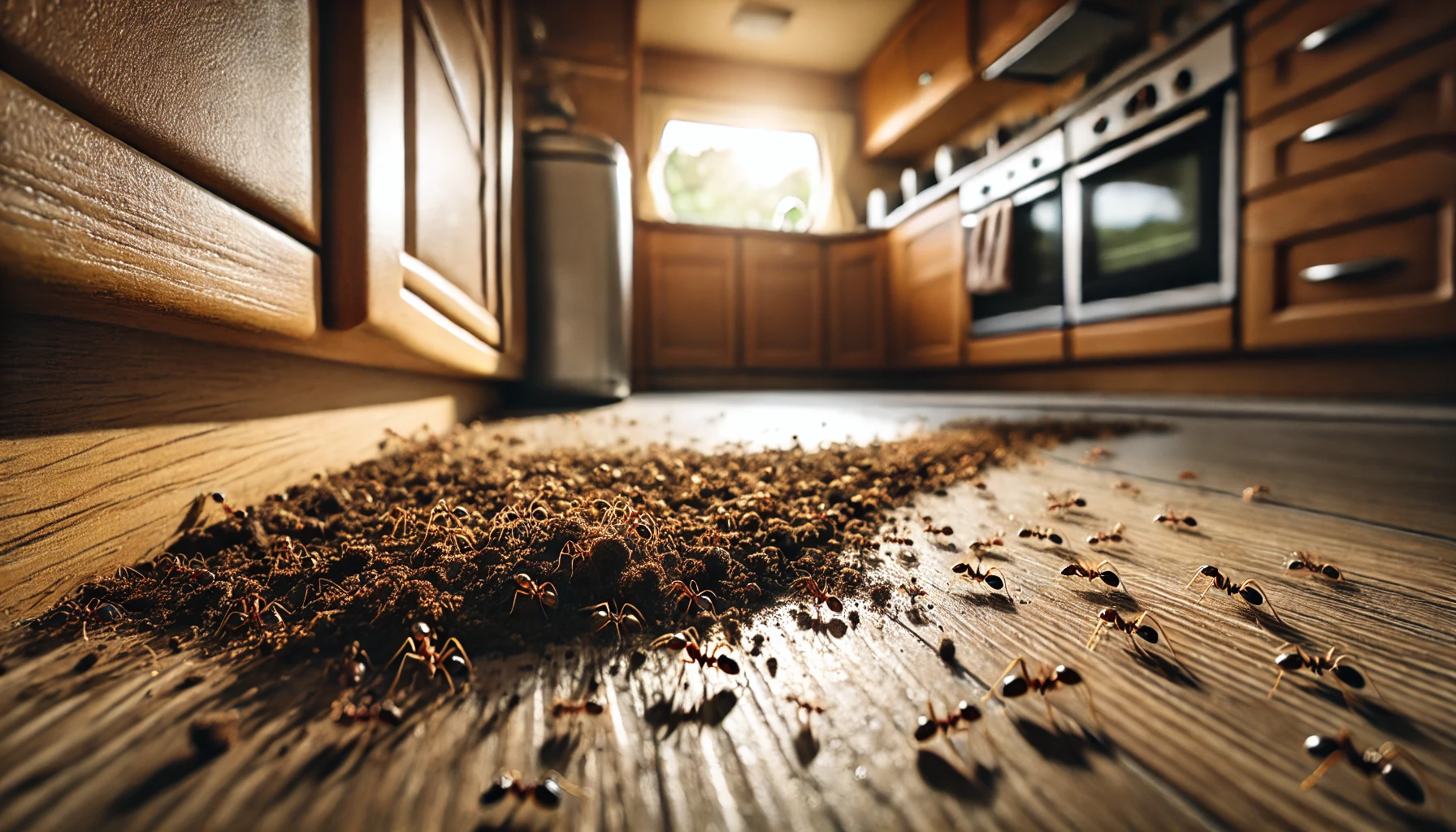 Close-up of an ant trail in a camper kitchen leading from a food crumb to the counter, showing how ants invade food sources in a camper. How to get rid of ants in a camper