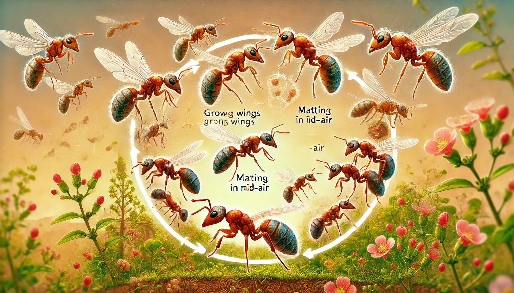 An illustrated lifecycle of flying ants, from nuptial flight to wing shedding, showcasing their reproductive phase
