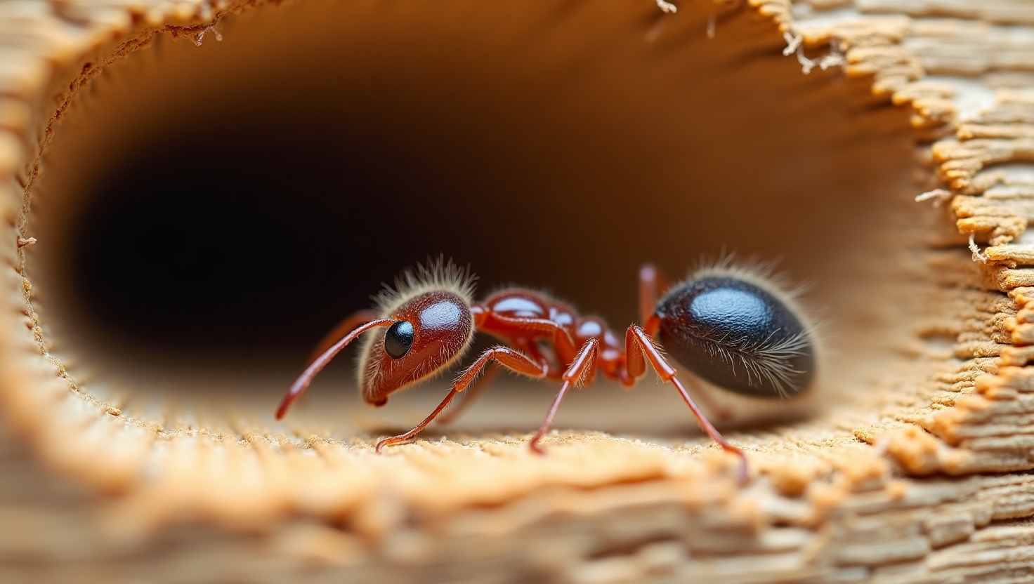 A close-up of carpenter ants causing damage to wood, emphasizing the importance of identifying destructive ant species.