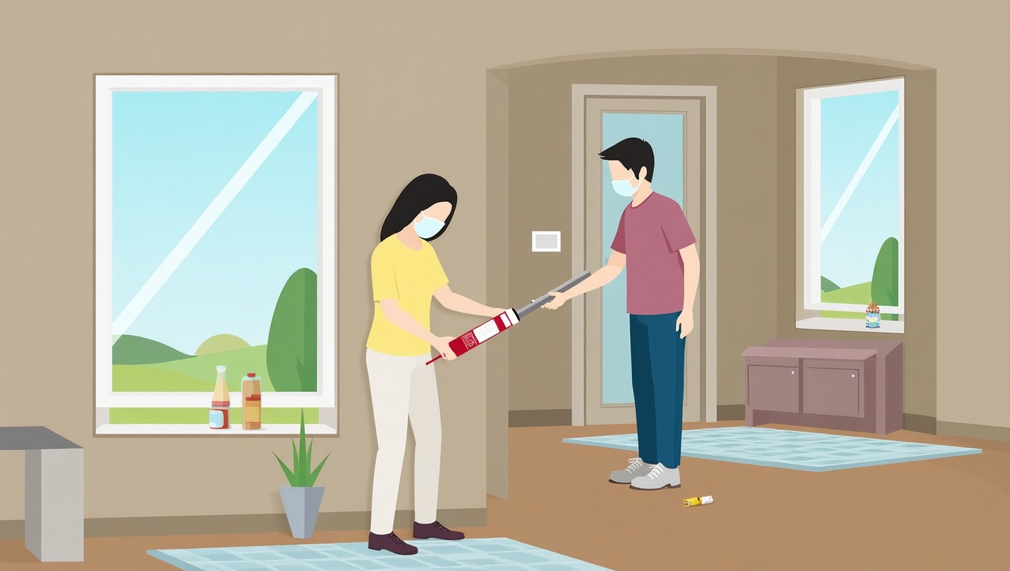 A homeowner sealing cracks and gaps in windows and doors, using preventive measures to stop flying ants from invading the house."