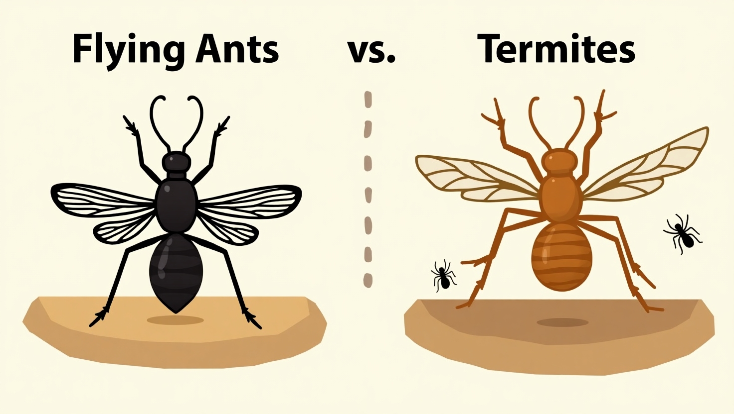 "A side-by-side comparison of flying ants and termites, highlighting key differences in body shape and wings."